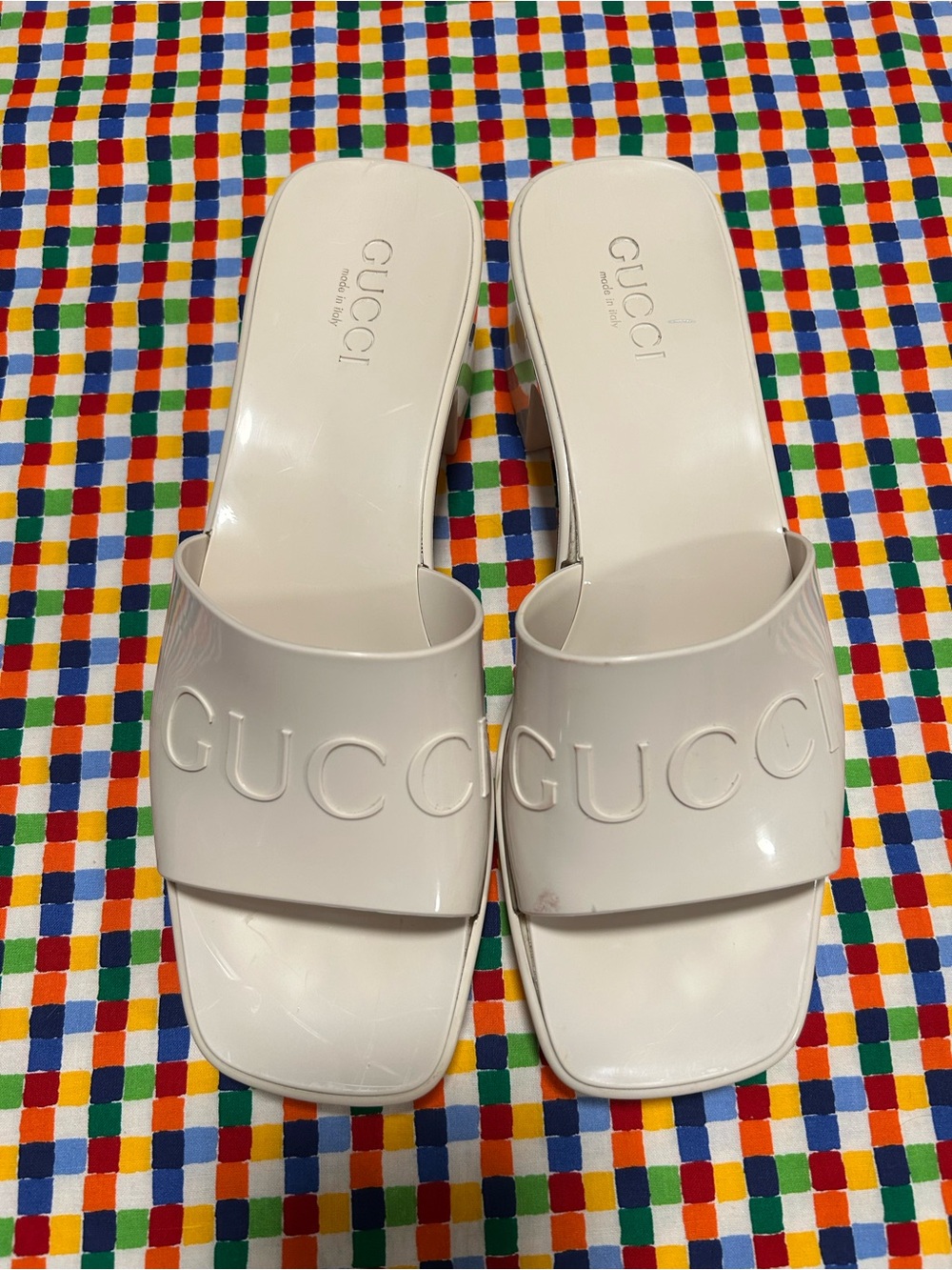Gucci White Embossed Logo Slide Mules 624730